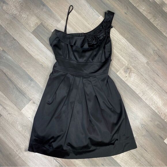 Teeze Me Juniors Satin Taffeta One Shoulder Rosettes Dress Black 11 - Picture 10 of 11